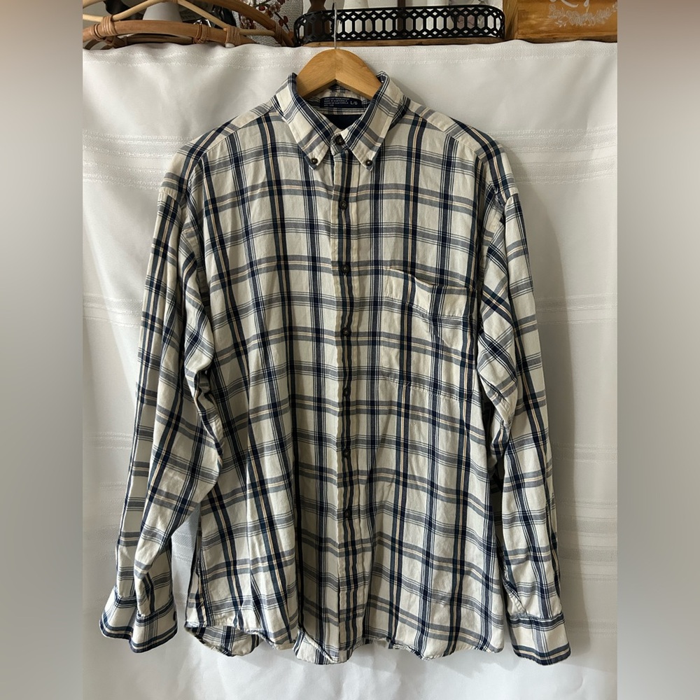 Men's Cream and Blue Plaid Button-Down Shirt
